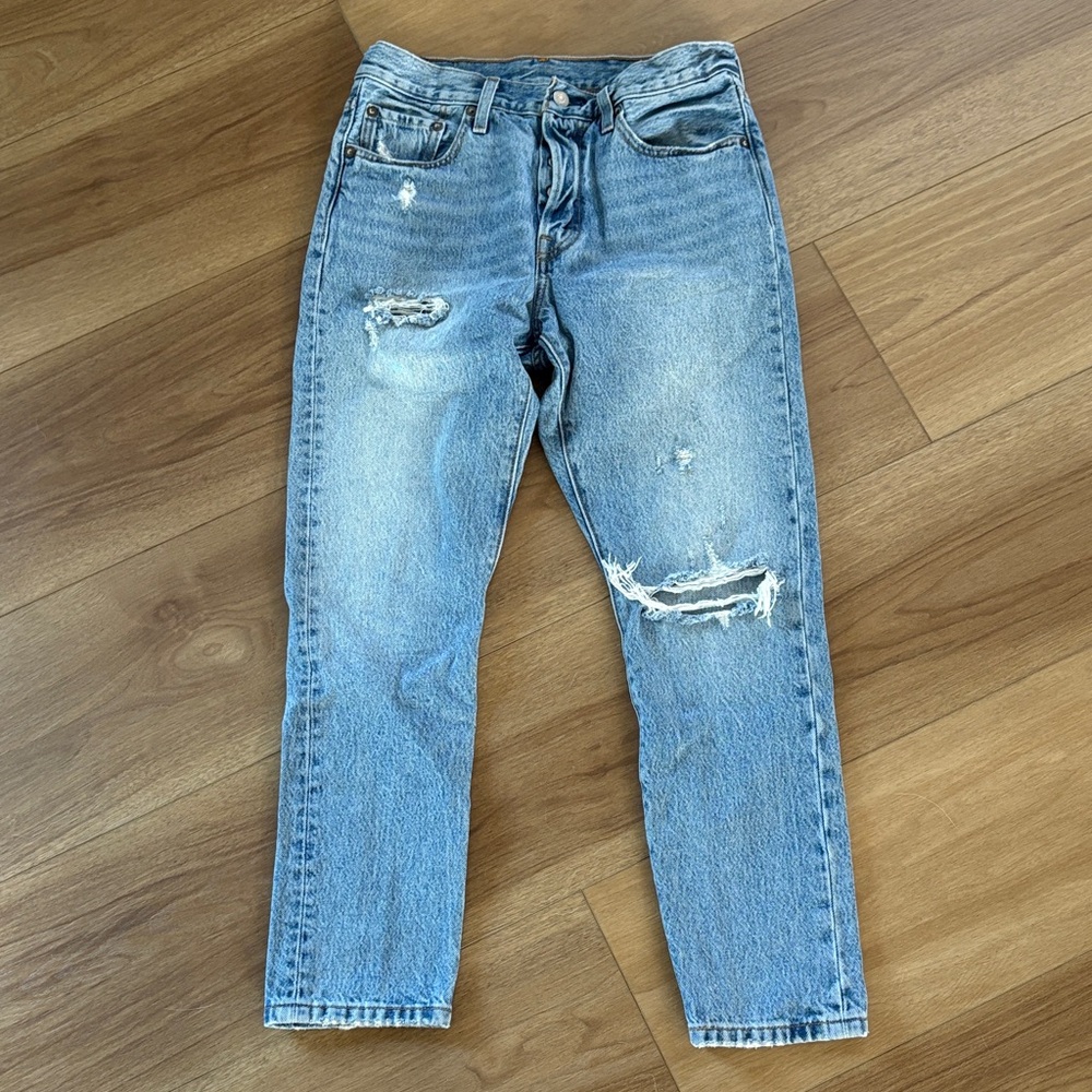 Levi's 501 Button Fly Light Blue Distressed Straight Jeans
